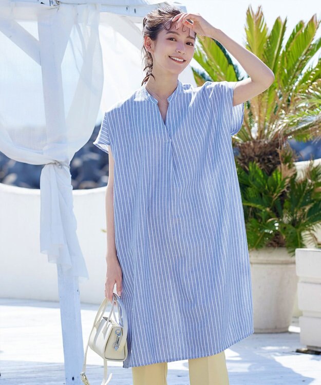 Tiaclasse 【洗える】リネンミックススキッパーシャツワンピース サックスストライプ