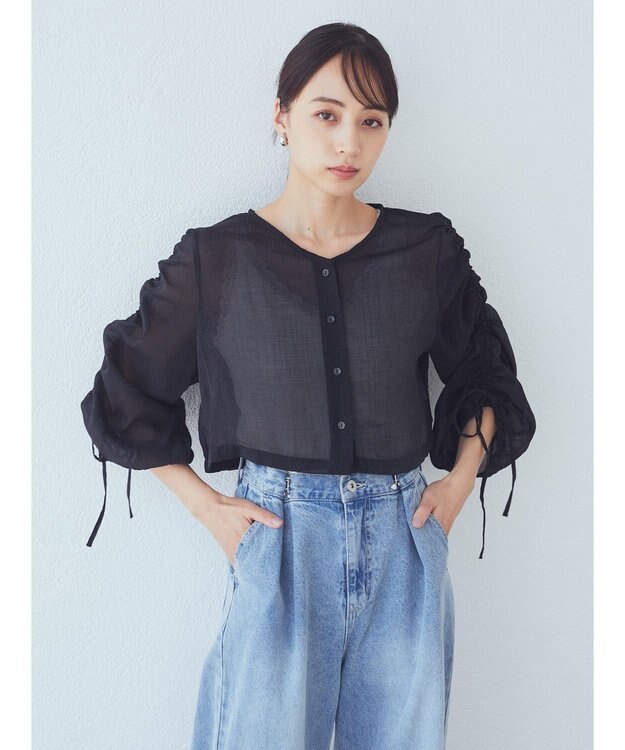 earth music&ecology キラキラシアーギャザーシャツ Black