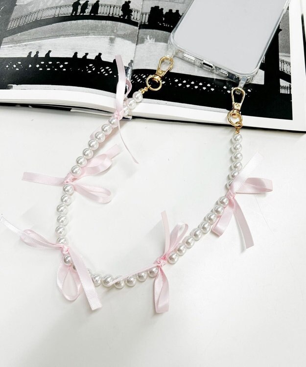 WEGO リボンパールハンドストラップ ピンク