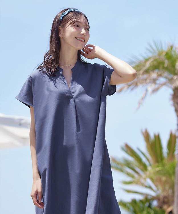 Tiaclasse 【洗える】リネンミックススキッパーシャツワンピース ブルーグレー