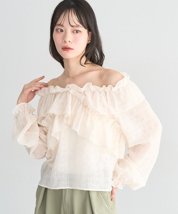 earth music&ecology シアーチェック2wayオフショルブラウス Ivory
