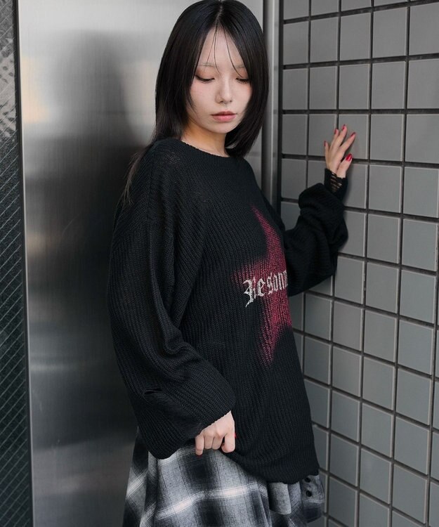 WEGO モヘアタッチスターBIGニット ブラック