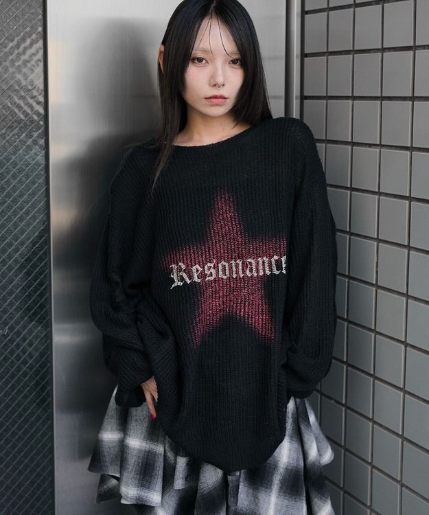 WEGO モヘアタッチスターBIGニット ブラック