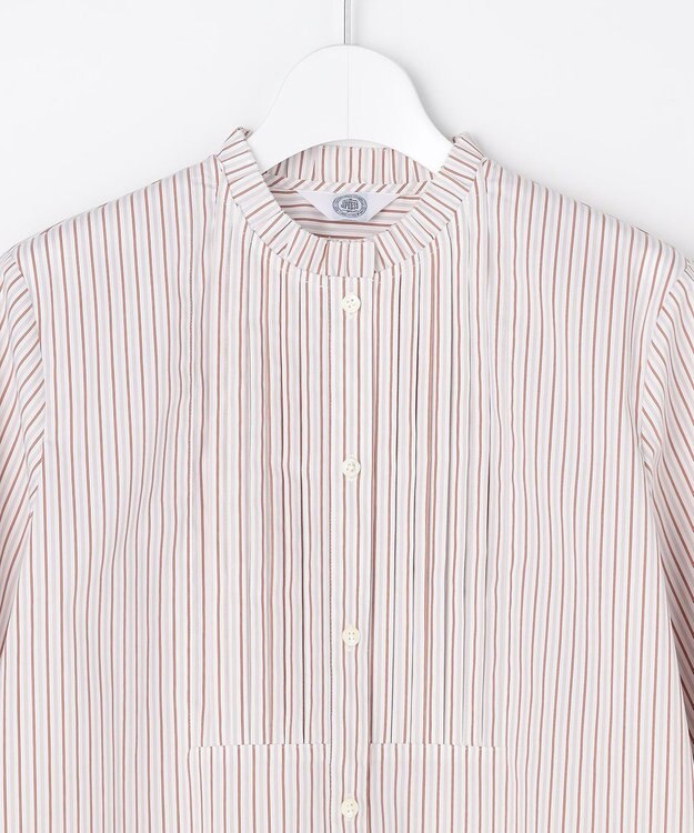 J.PRESS LADIES BEZコットンナイロン ストライプ フリル襟 ブラウス ホワイト×グレー系