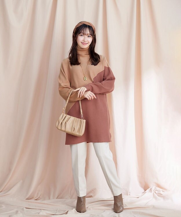 Tiaclasse 【洗える】配色ドルマンニットチュニック ピンク