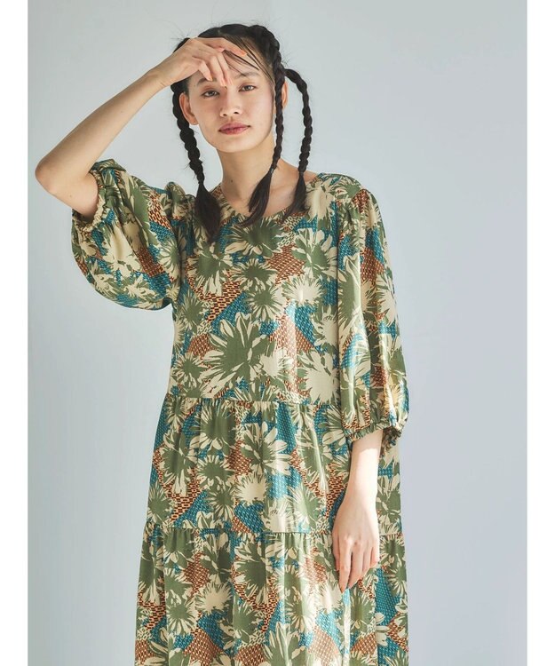 Green Parks ■ＥＳＣＡＲ　フラワーＭＩＸｐｔティアードワンピース Khaki