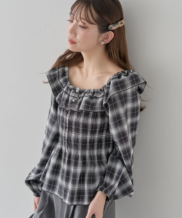 earth music&ecology 【予約】チェックシャーリングブラウス ブラック