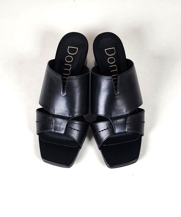 Dominic3 型押しヒール レザーVカットミュール ブラック