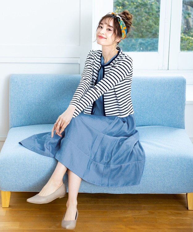 Tiaclasse L 【洗える】長袖サマーニットカーディガン ボーダー(オフネイビー)