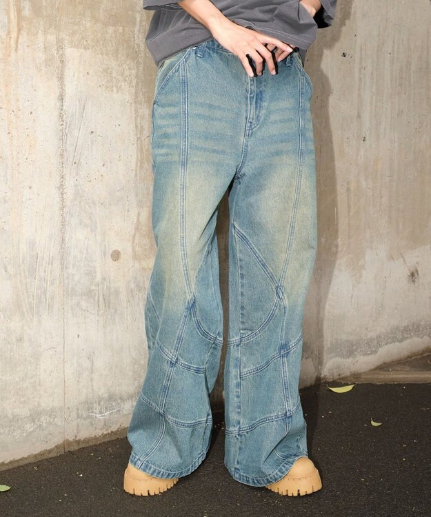 WEGO 【ユニセックス着用ITEM】スウィッチングフレアデニムパンツ デニム中濃加工色