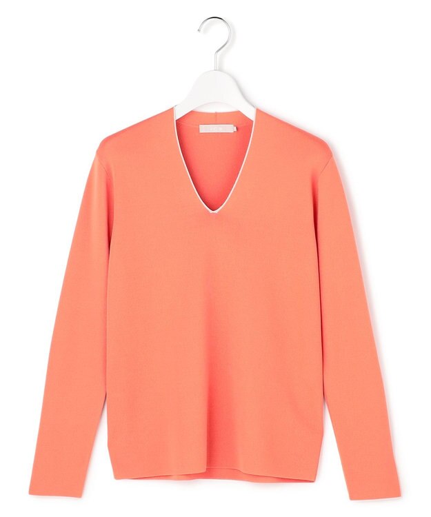 ICB L シンセティックフルニードル Vネックニット ライトコーラル×トープライン