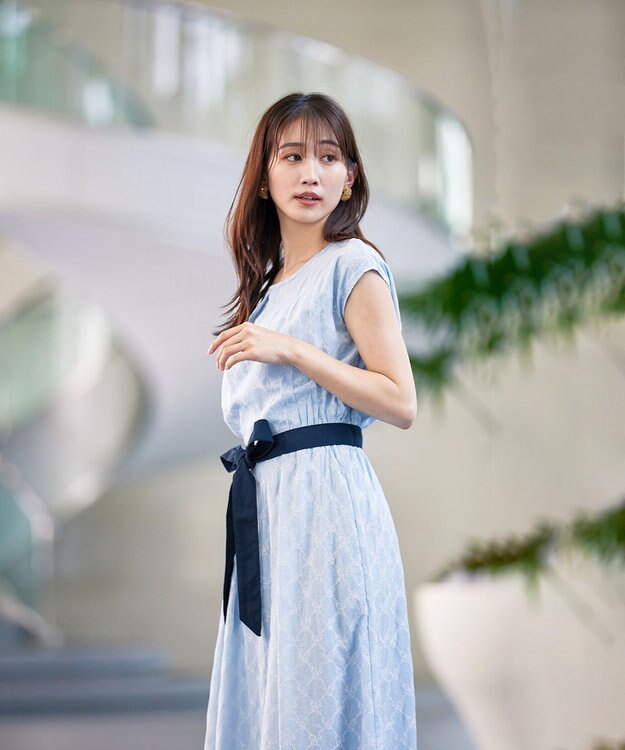 Tiaclasse 【洗える】配色刺繍レースワンピース サックス×ネイビー