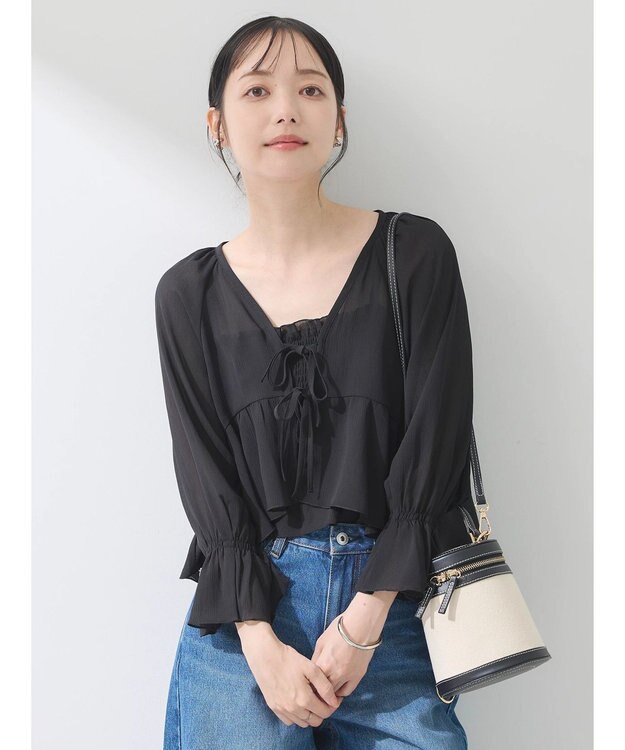 earth music&ecology ＳＥＴ２点キャンディースリーブブラウス＋インナー Black