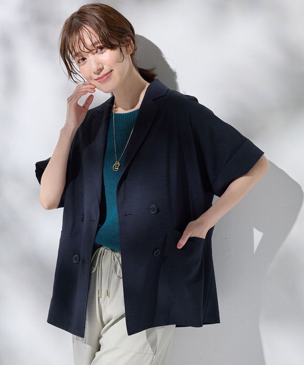 ANY 【洗濯機可/セットアップ可/UVケア/速乾/イージーケア】サラサラテックリネン半袖テーラードジャケット ネイビー