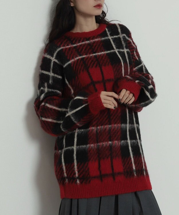 WEGO 【2025年秋冬新作】シャギーパターンニットBIGプルオーバー レッドチェック1