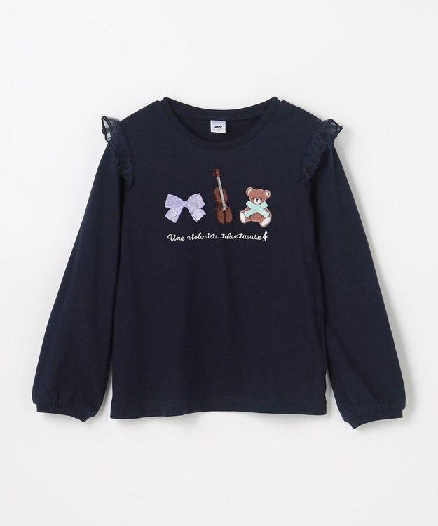 ANY KIDS おけいこモチーフ刺繍入り 長袖Tシャツ ネイビー（くま×バイオリン）