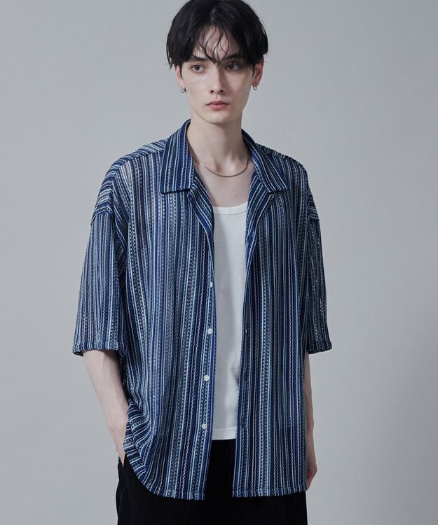 WEGO ストライプメッシュBIGシャツ（S） 柄3