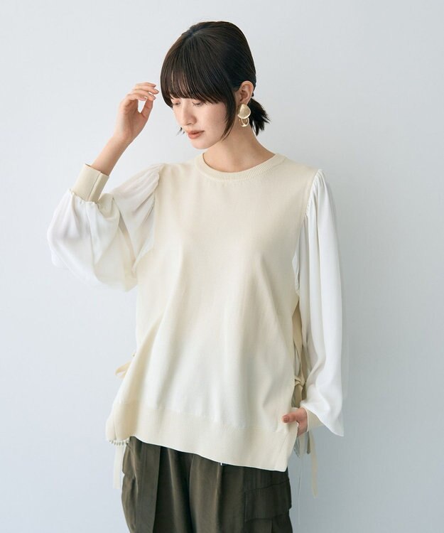 YECCA VECCA サイドプリーツ異素材MIXプルオーバー Ivory