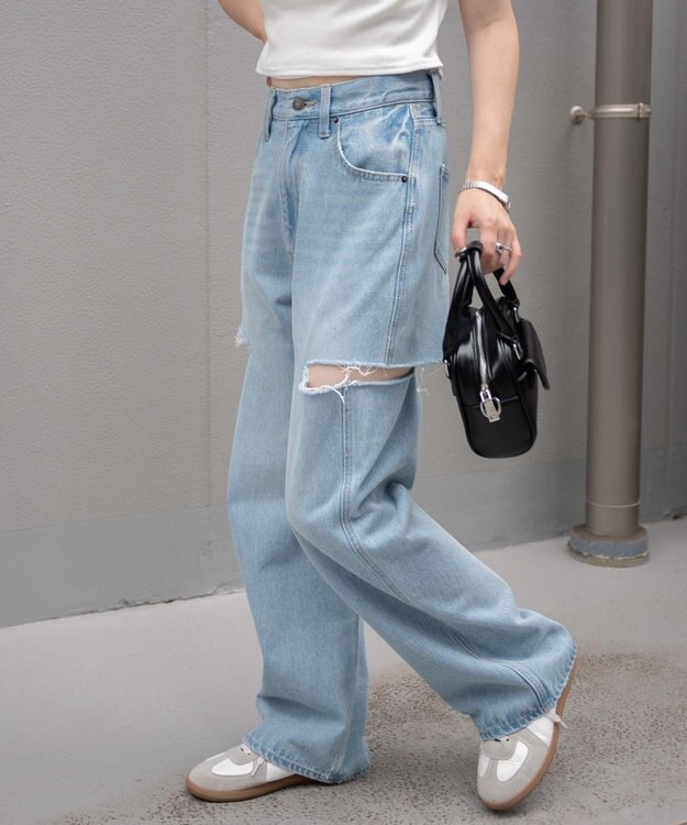 WEGO サイドスリットデニムストレートパンツ デニム淡色