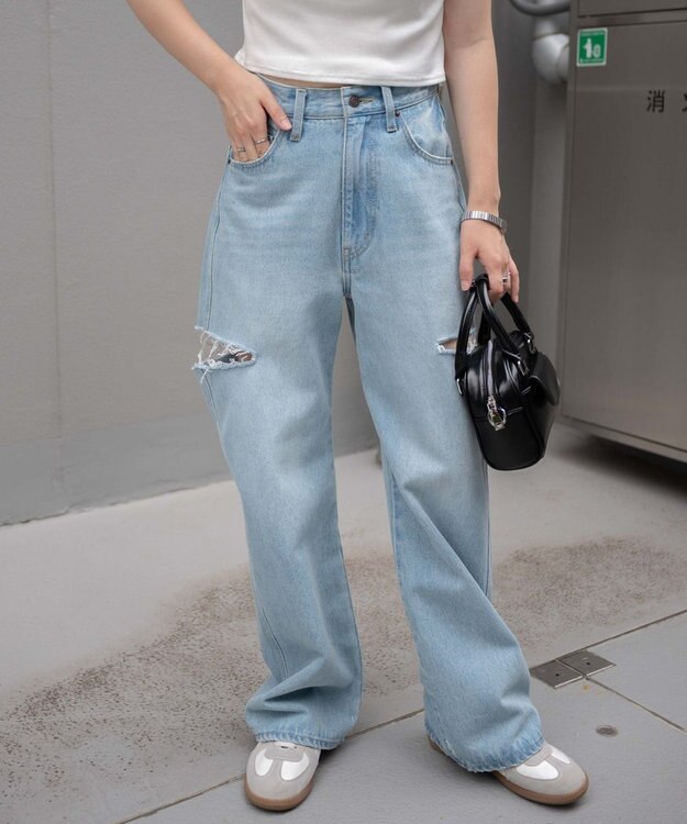 WEGO サイドスリットデニムストレートパンツ デニム淡色