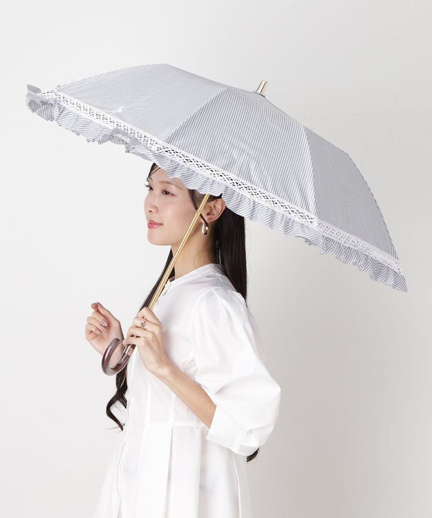 MOONBAT 【遮光/晴雨兼用日傘】POLO RALPH LAUREN(ポロ ラルフローレン) ストライプフリル 折りたたみ傘 楽折 遮熱 UV ディープブルー