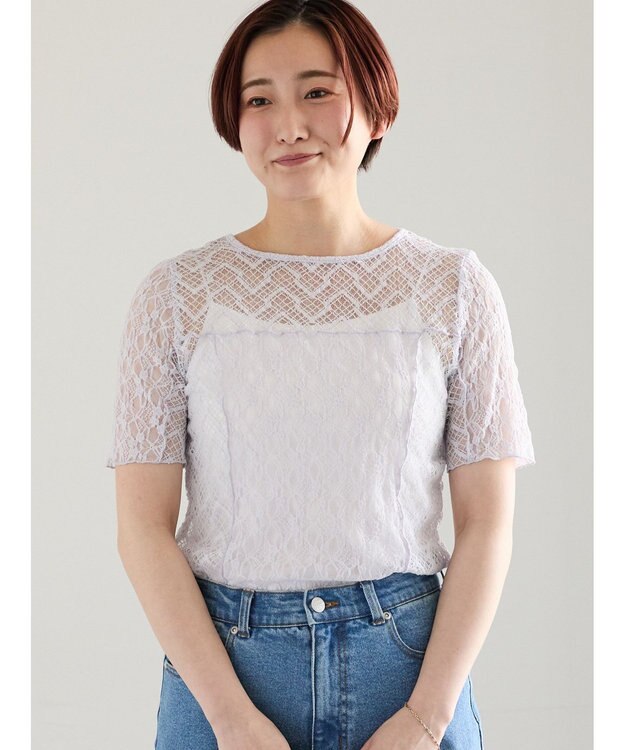 Te chichi パッチワークレース5分袖トップス ラベンダー
