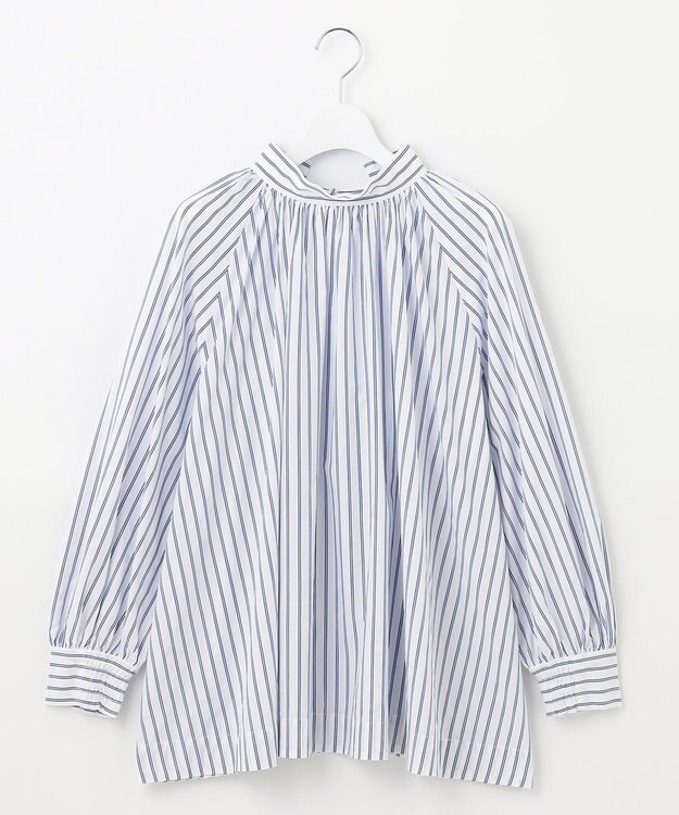 UNFILO イージーケア ギャザーブラウス ブルーストライプ