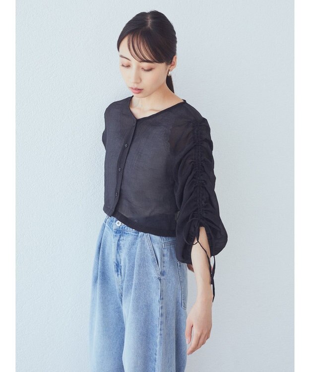 earth music&ecology キラキラシアーギャザーシャツ Black