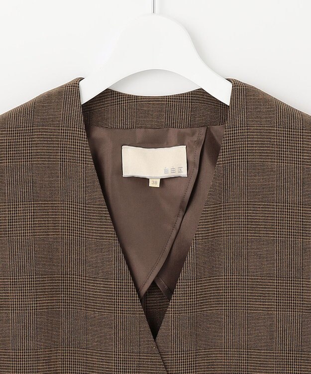 自由区 【洗える】グレンチェック ロングジレ ブラウン系3