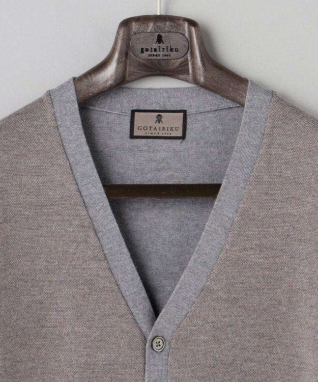GOTAIRIKU 体温調整に【洗える/チクチクしにくい/ピリングしにくい】イタリア糸 ハイゲージ カーディガン_WOOL100% グレー×バーズアイ柄(25年新色)