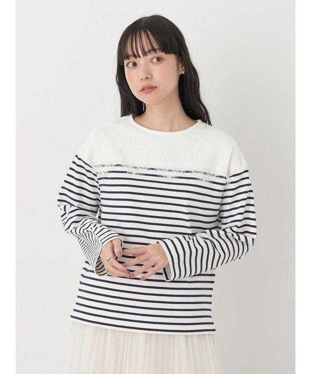 earth music&ecology レースボーダーカットソープルオーバー Navy