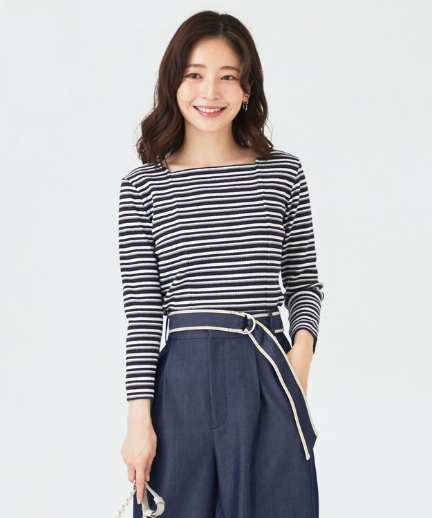 ANY SIS 【前後着用可】マルチボーダー2WAYテレコ カットソー ネイビー系