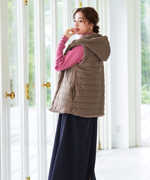 Tiaclasse 【2WAY】着回し自由のリバーシブルキルトフェイクファーベスト モカ