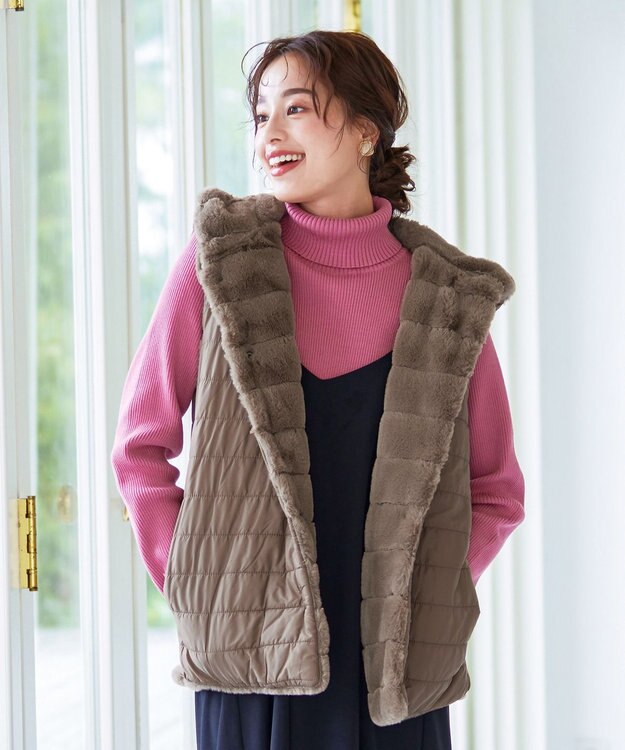 Tiaclasse 【2WAY】着回し自由のリバーシブルキルトフェイクファーベスト モカ
