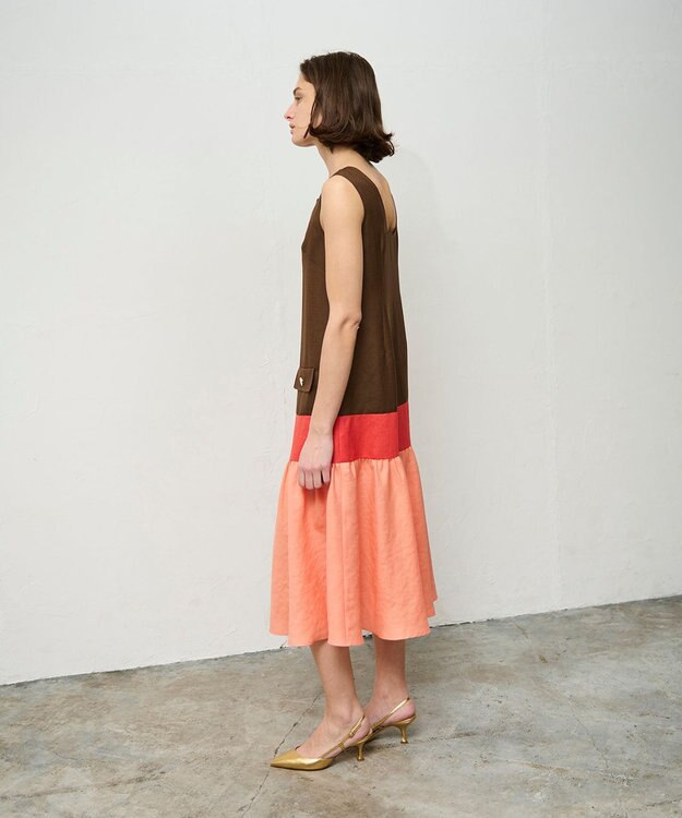 GRACE CONTINENTAL リネンタッチ配色ワンピース ブラウン