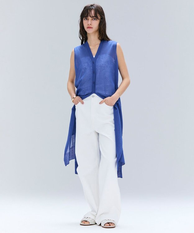 BEIGE， 【洗える】MILANO / リネン混シアーロングジレカーディガン Blue