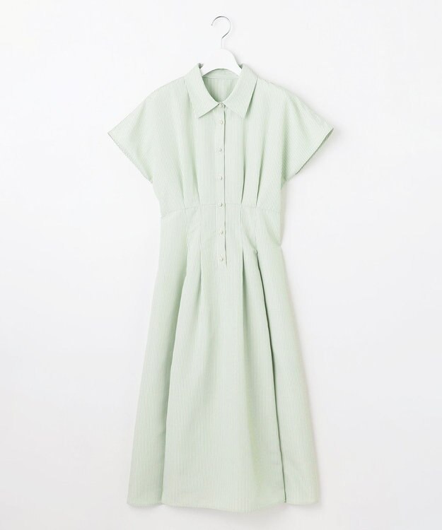 Feroux 【洗える】パールボタンストライプ シャツワンピース グリーン系1