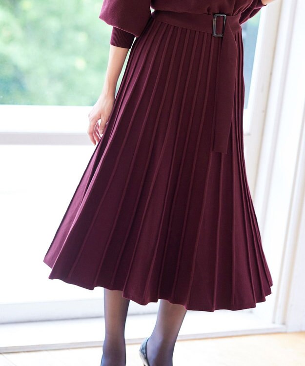 Tiaclasse 【洗える】1枚で着映えするパフ袖プリーツニットワンピース ワイン