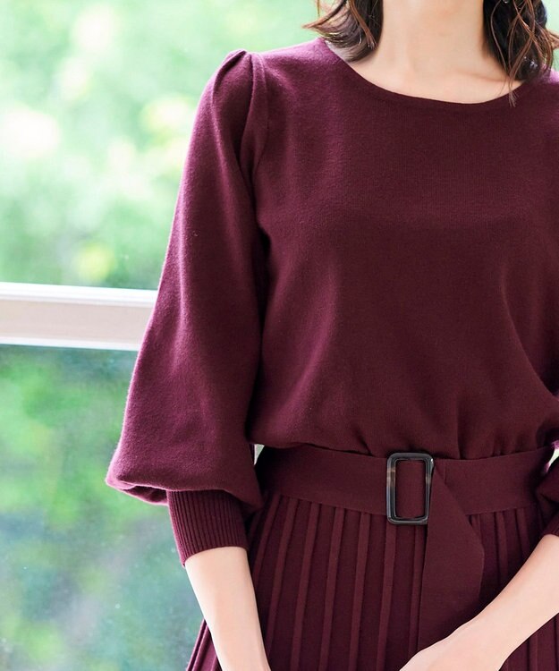 Tiaclasse 【洗える】1枚で着映えするパフ袖プリーツニットワンピース ワイン