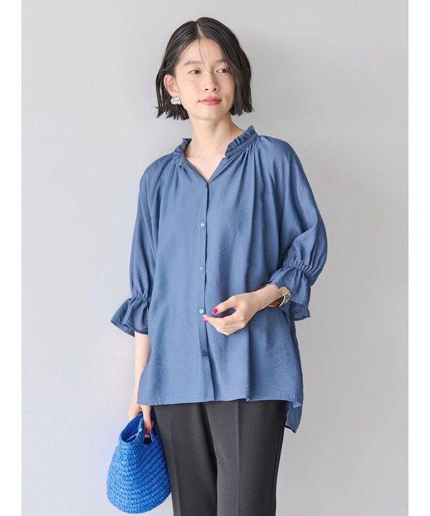 AMERICAN HOLIC 接触冷感　フリル衿５分袖ブラウス Navy