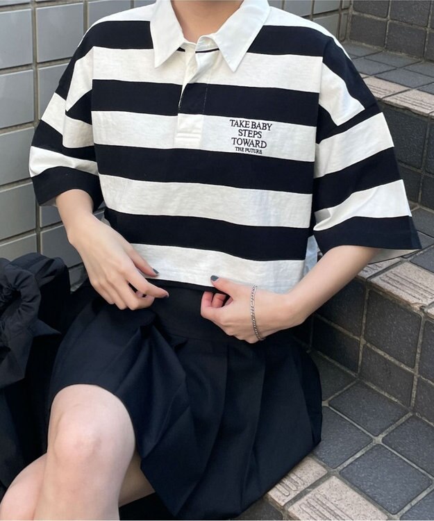 WEGO ワンポイント刺繍ラガーシャツ ブラック