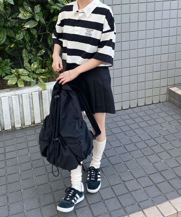 WEGO ワンポイント刺繍ラガーシャツ ブラック