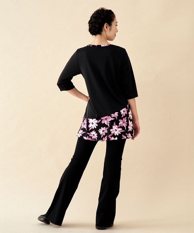 Chacott プリントコンビワンピースTシャツ ブラック