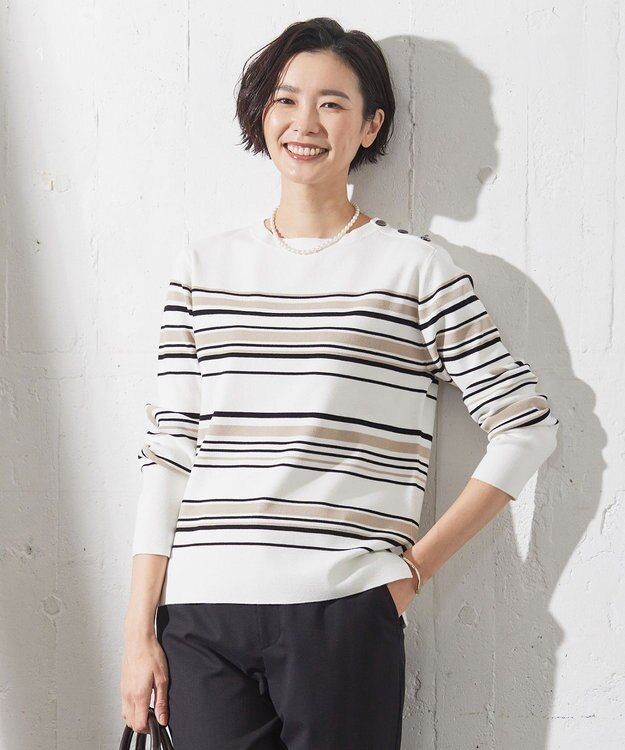 J.PRESS LADIES L 【洗える】RAYON STRETCH BORDER ボートネック ニット ホワイト系1