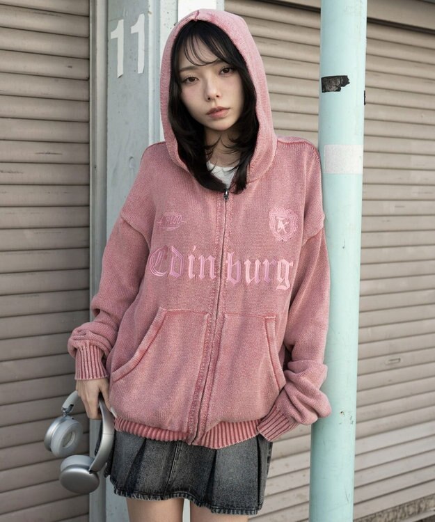 WEGO 【ユニセックス着用ITEM】ブリーチニットグラフィックZIPパーカー ピンク