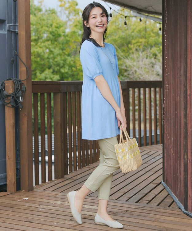 Tiaclasse L 麻混ストレッチテーパードパンツ ライトベージュ