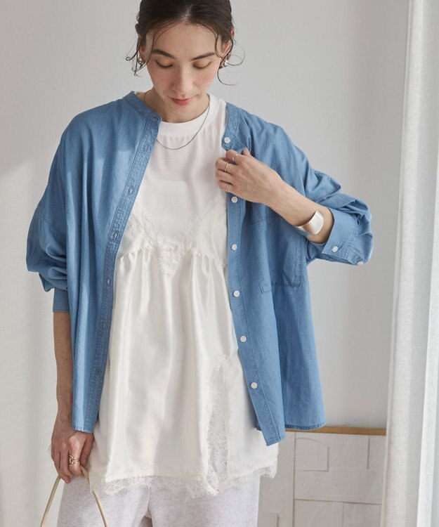 WEGO 【ANGIE VINTAGE】シアーデニムバンドカラーシャツ サックス