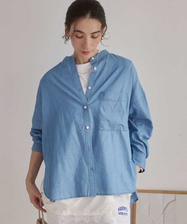 WEGO 【ANGIE VINTAGE】シアーデニムバンドカラーシャツ サックス