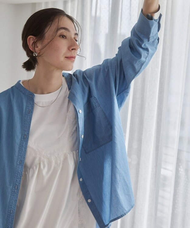 WEGO 【ANGIE VINTAGE】シアーデニムバンドカラーシャツ サックス