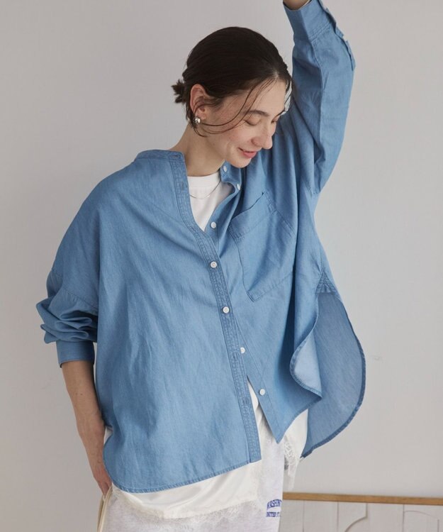 WEGO 【ANGIE VINTAGE】シアーデニムバンドカラーシャツ サックス